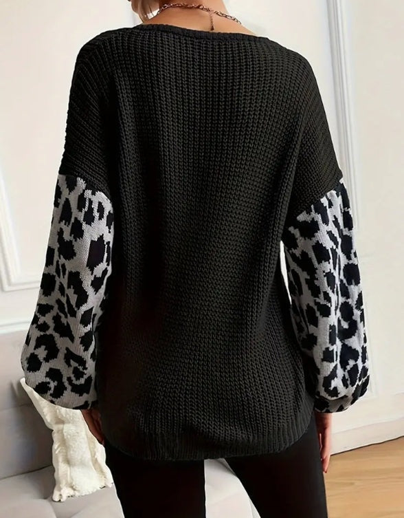 Knit Sweater Women Leopard Print Sleeves Relaxed Fit