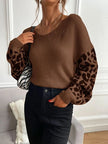 Knit Sweater Women Leopard Print Sleeves Relaxed Fit