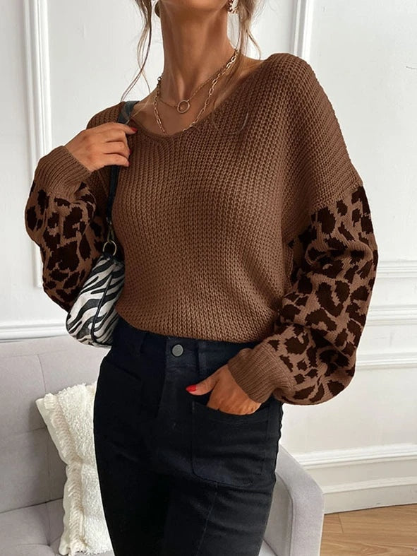 Knit Sweater Women Leopard Print Sleeves Relaxed Fit