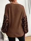 Knit Sweater Women Leopard Print Sleeves Relaxed Fit