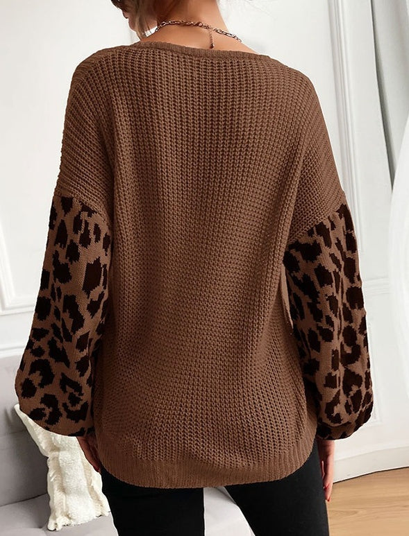 Knit Sweater Women Leopard Print Sleeves Relaxed Fit