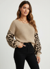 Knit Sweater Women Leopard Print Sleeves Relaxed Fit