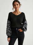 Knit Sweater Women Leopard Print Sleeves Relaxed Fit