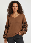 Knit Sweater Women Leopard Print Sleeves Relaxed Fit
