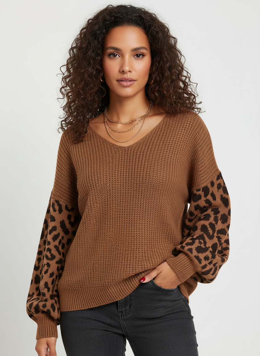 Knit Sweater Women Leopard Print Sleeves Relaxed Fit