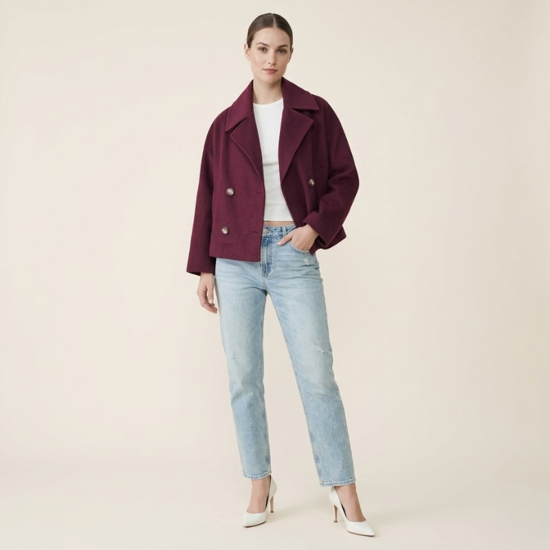 Wool Blend Coat Women Double-Breasted Short Wide Lapel Winter