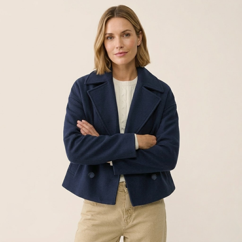 Wool Blend Coat Women Double-Breasted Short Wide Lapel Winter