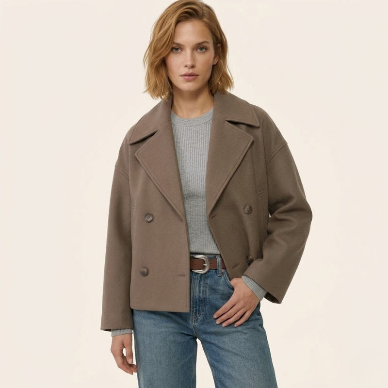 Wool Blend Coat Women Double-Breasted Short Wide Lapel Winter