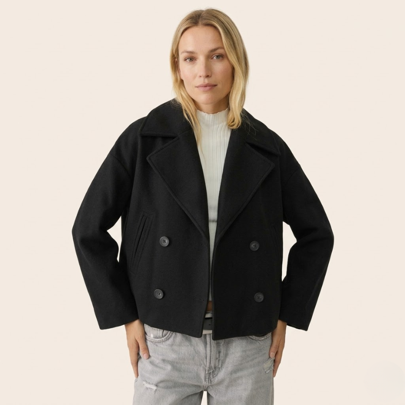 Wool Blend Coat Women Double-Breasted Short Wide Lapel Winter