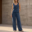 Dark blue women's summer two-piece co-ord set by FJØRNA with pockets, casual matching outfit, perfect for warm weather.