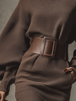 Dark brown knit mini dress for women by FJØRNA, featuring a fitted silhouette and cozy, textured fabric.