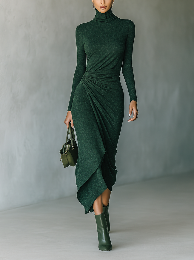 Dark green knit wrap midi dress for women by FJØRNA, featuring a fitted waist and long sleeves, styled for a versatile look.