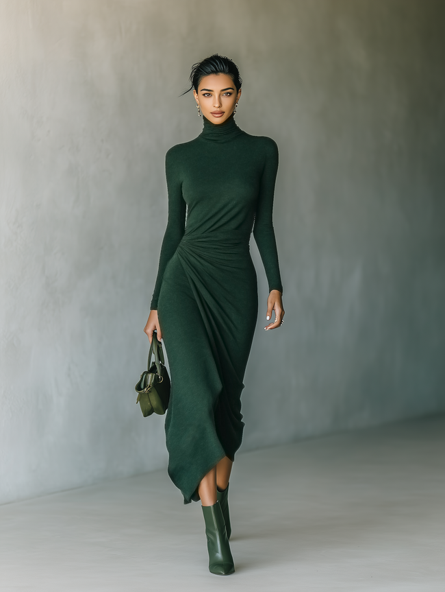 Dark green knit wrap midi dress for women by FJØRNA, featuring long sleeves and a fitted waist, styled for casual or elegant occasions.