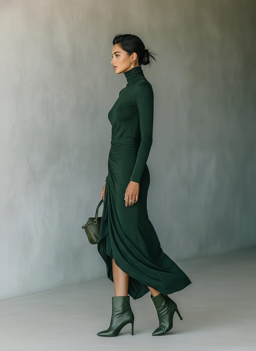 Dark green knit wrap midi dress for women by FJØRNA, featuring a fitted waist and long sleeves, styled for casual or evening wear.