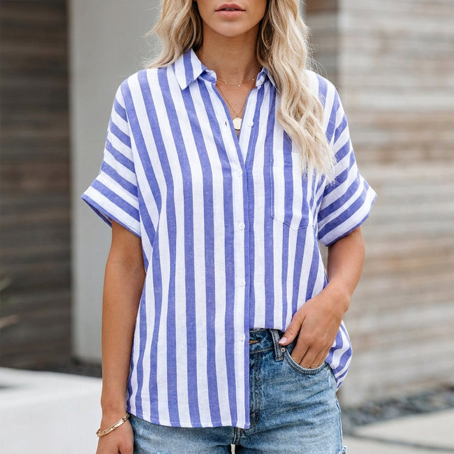 Denim blue striped linen summer blouse for women with button front, casual top by FJØRNA.