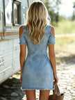 FJØRNA denim off-shoulder mini dress for women, showcasing a stylish, casual dress with long sleeves and a fitted silhouette.