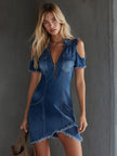 FJØRNA denim off-shoulder mini dress for women, featuring a stylish off-shoulder design and fitted silhouette.
