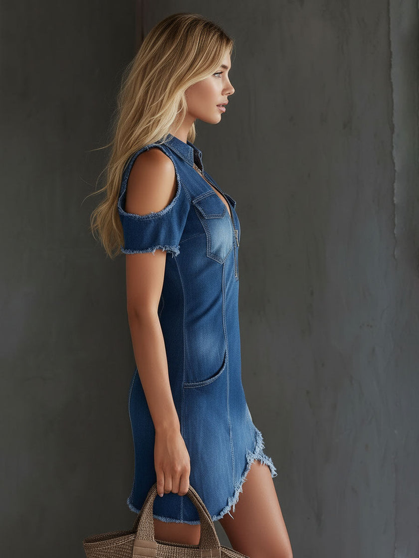 FJØRNA denim off-shoulder mini dress for women featuring long sleeves and a fitted silhouette on a model.