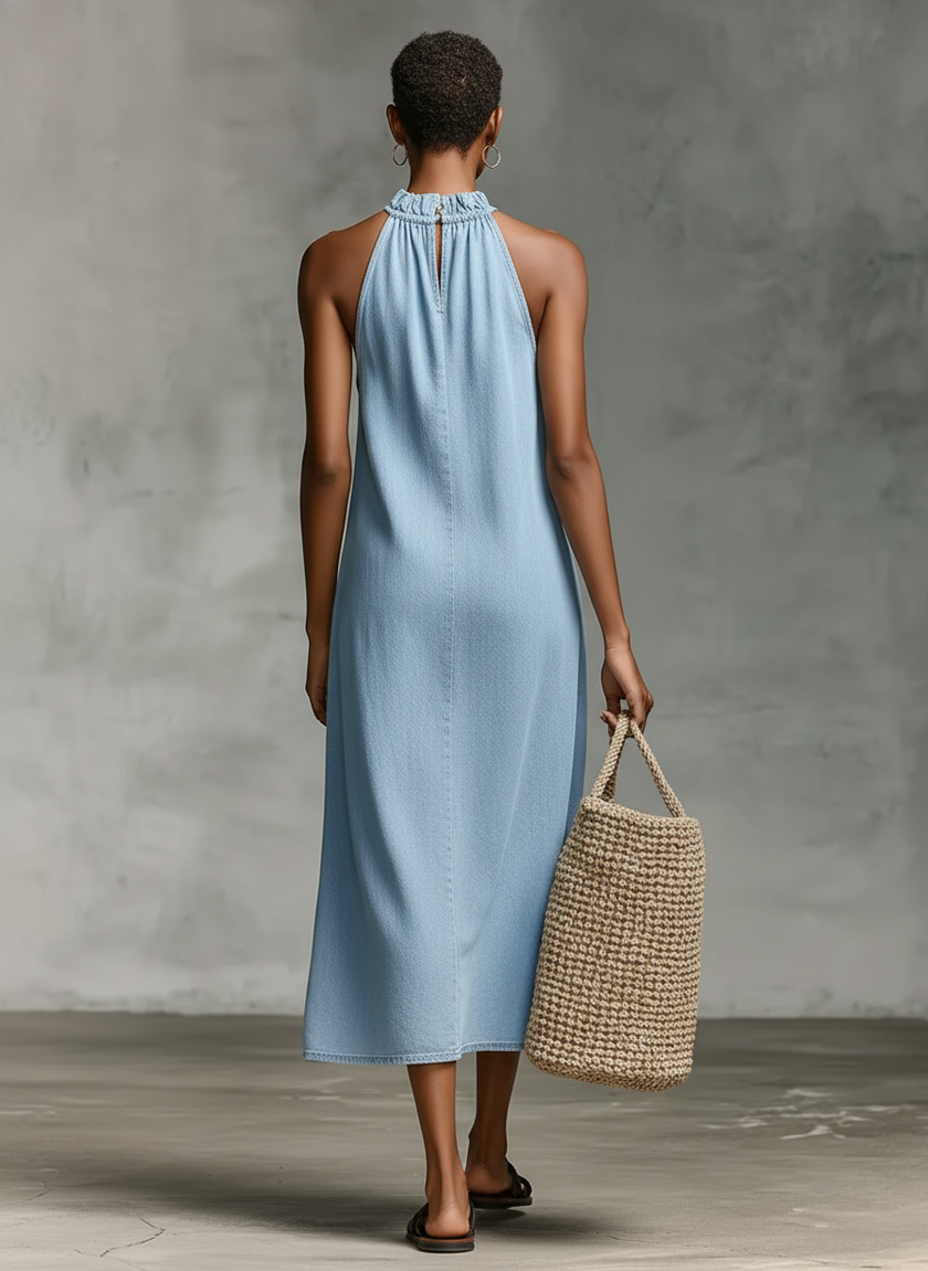 FJØRNA denim sleeveless midi dress for women, showcasing a casual fit with a sleeveless design and midi length, on a neutral background.