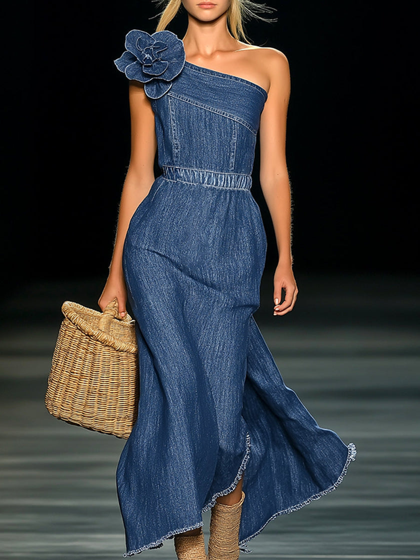 FJØRNA denim strapless maxi dress, elegant evening dress with a flowing silhouette and sleeveless design, perfect for formal occasions.