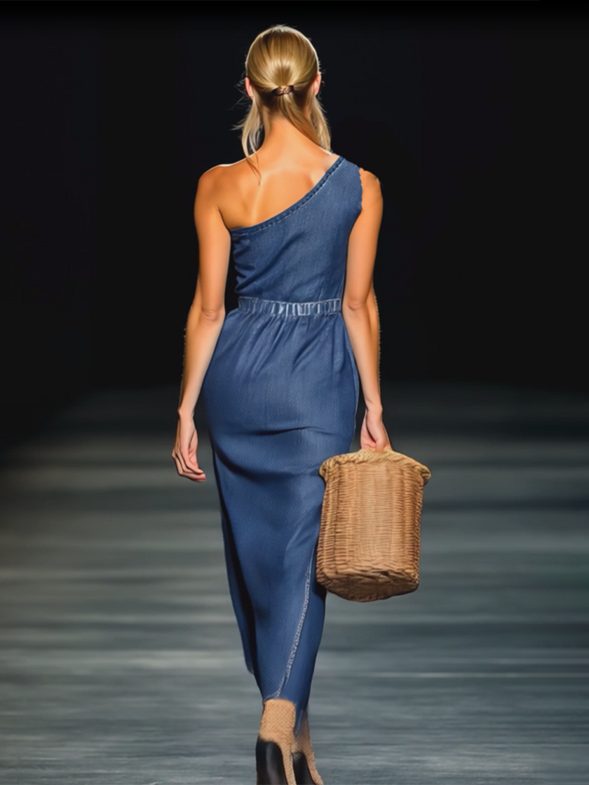 FJØRNA denim strapless maxi dress for evening, shown with flowing skirt and fitted bodice, perfect for elegant occasions.