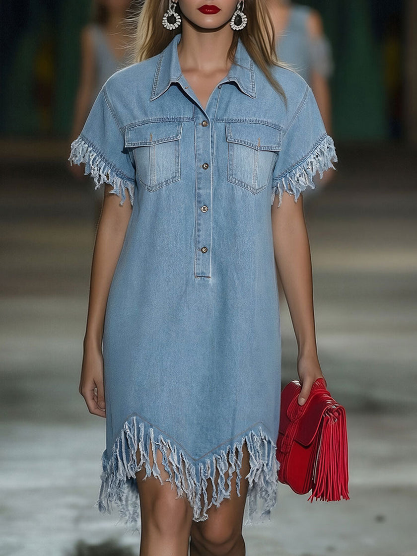 FJØRNA denim tassel mini dress featuring casual style, with tassel details and a relaxed fit, perfect for everyday wear