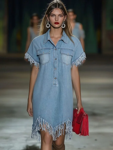 FJØRNA denim tassel mini dress featuring casual style, with tassel details and a fitted silhouette, shown on a model.