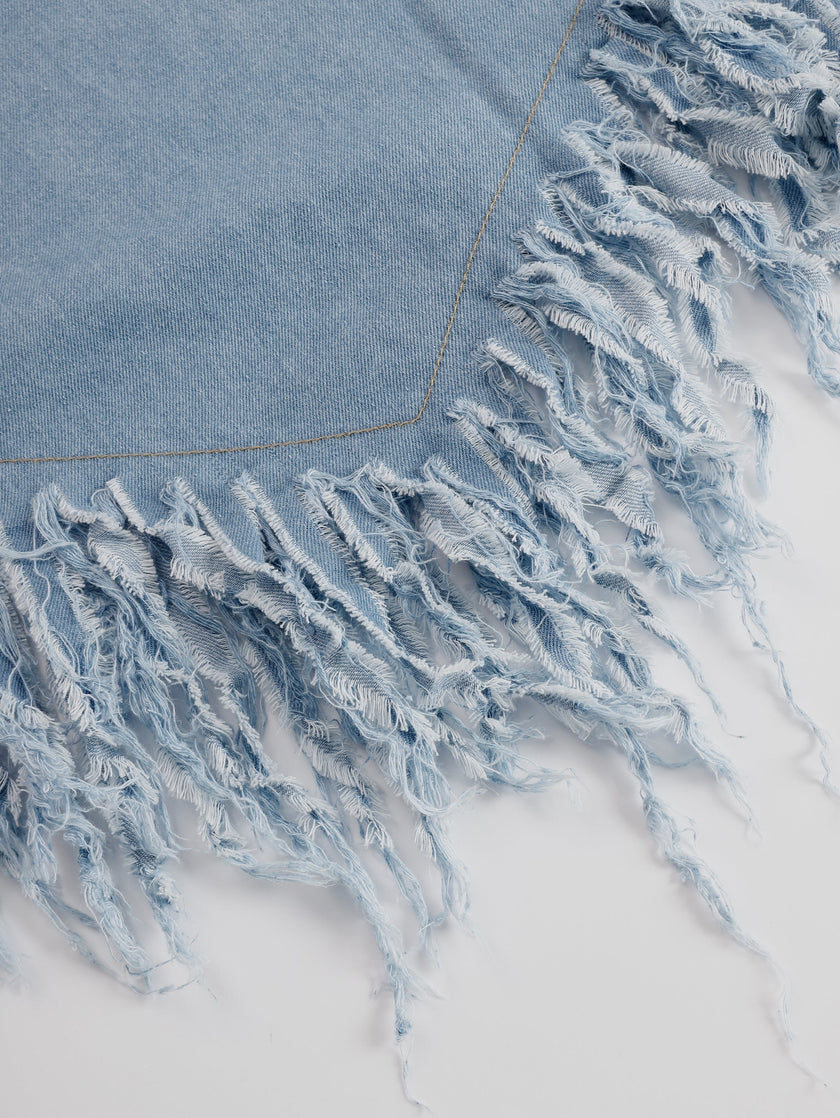 FJØRNA denim tassel mini dress, casual style, featuring a fitted bodice, tassel accents, and a flared skirt in a classic denim fabric.