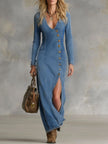 FJØRNA denim V-neck maxi dress for women, sleeveless design, fitted waist, and flowing length, shown on a model.