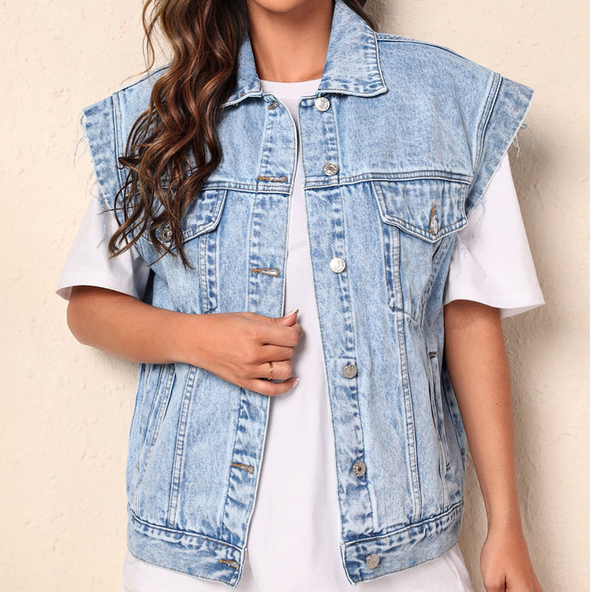 Denim Vest Women Sleeveless Vintage Chest Pockets