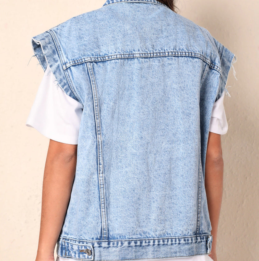 Denim Vest Women Sleeveless Vintage Chest Pockets