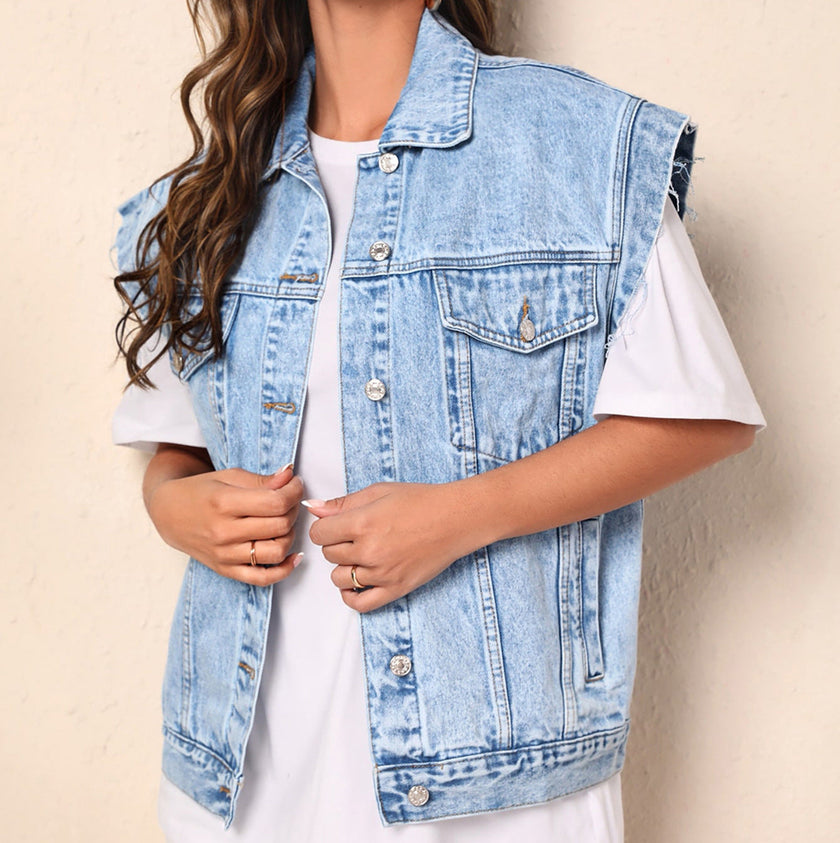 Denim Vest Women Sleeveless Vintage Chest Pockets