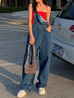 Denim Dungarees Women Wide Leg Adjustable Straps