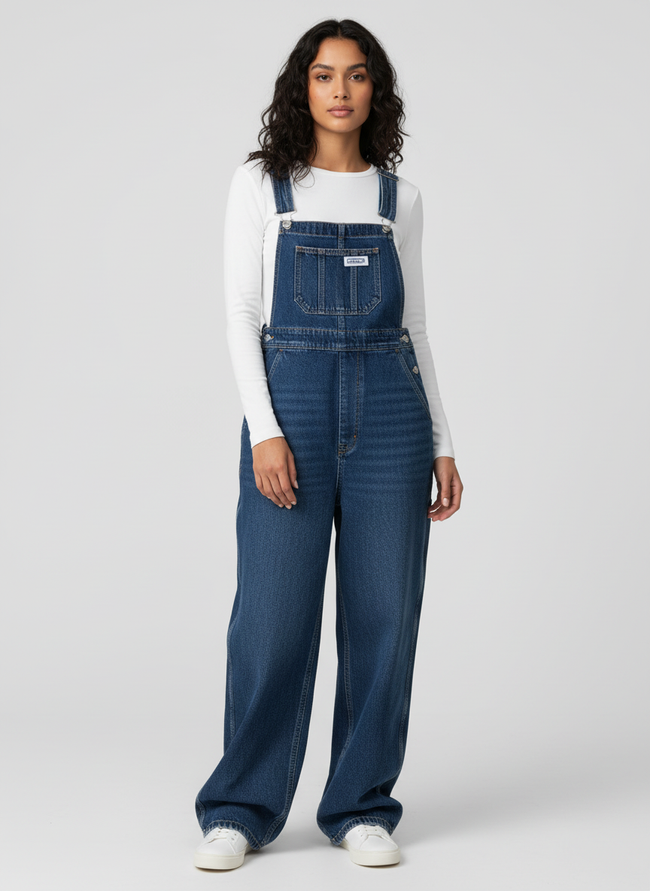 Denim Dungarees Women Wide Leg Adjustable Straps