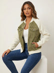 Denim Bomber Jacket Women Soft Knit Sleeves Zip Front