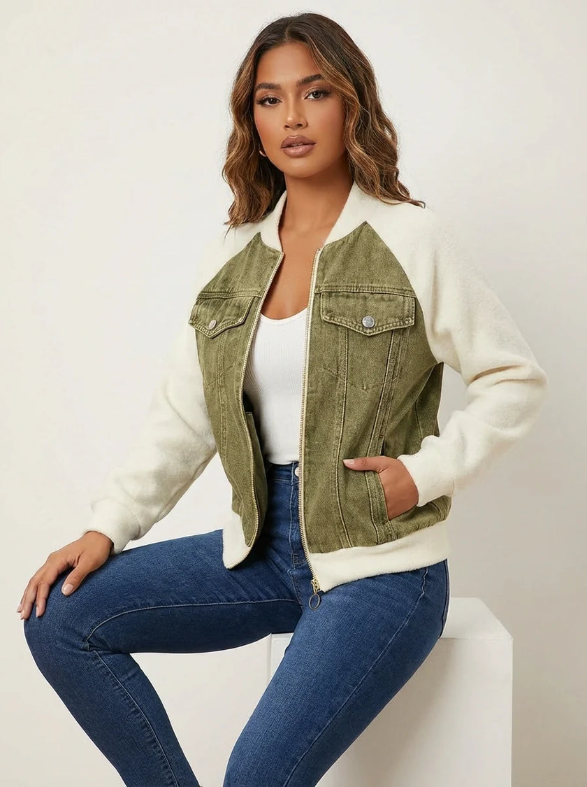 Denim Bomber Jacket Women Soft Knit Sleeves Zip Front