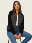 Denim Bomber Jacket Women Soft Knit Sleeves Zip Front