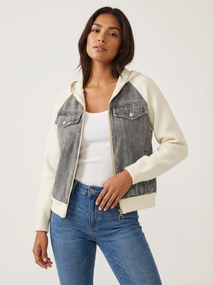 Denim Bomber Jacket Women Soft Knit Sleeves Zip Front