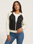 Denim Bomber Jacket Women Soft Knit Sleeves Zip Front