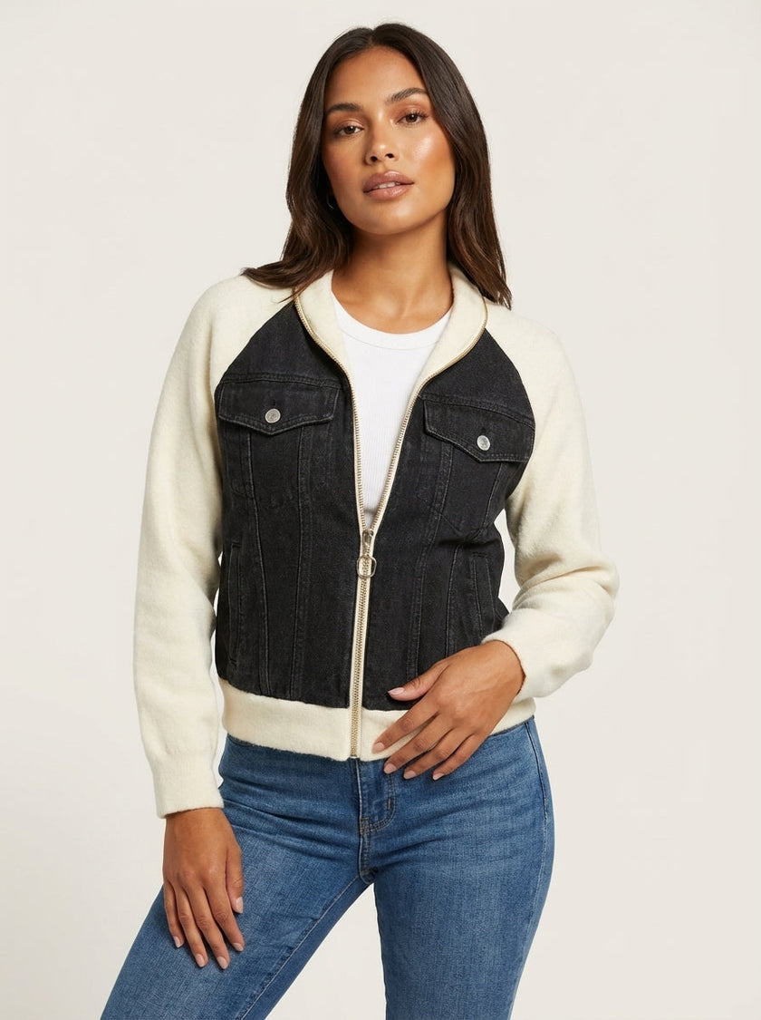 Denim Bomber Jacket Women Soft Knit Sleeves Zip Front
