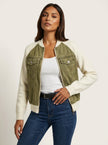 Denim Bomber Jacket Women Soft Knit Sleeves Zip Front