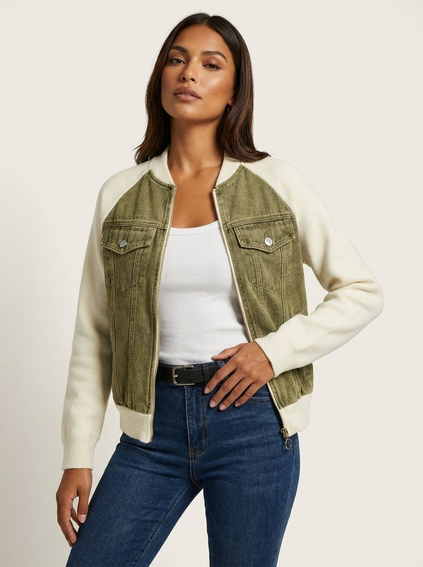 Denim Bomber Jacket Women Soft Knit Sleeves Zip Front