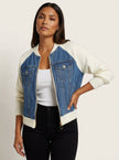 Denim Bomber Jacket Women Soft Knit Sleeves Zip Front
