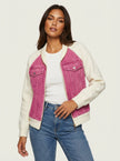 Denim Bomber Jacket Women Soft Knit Sleeves Zip Front