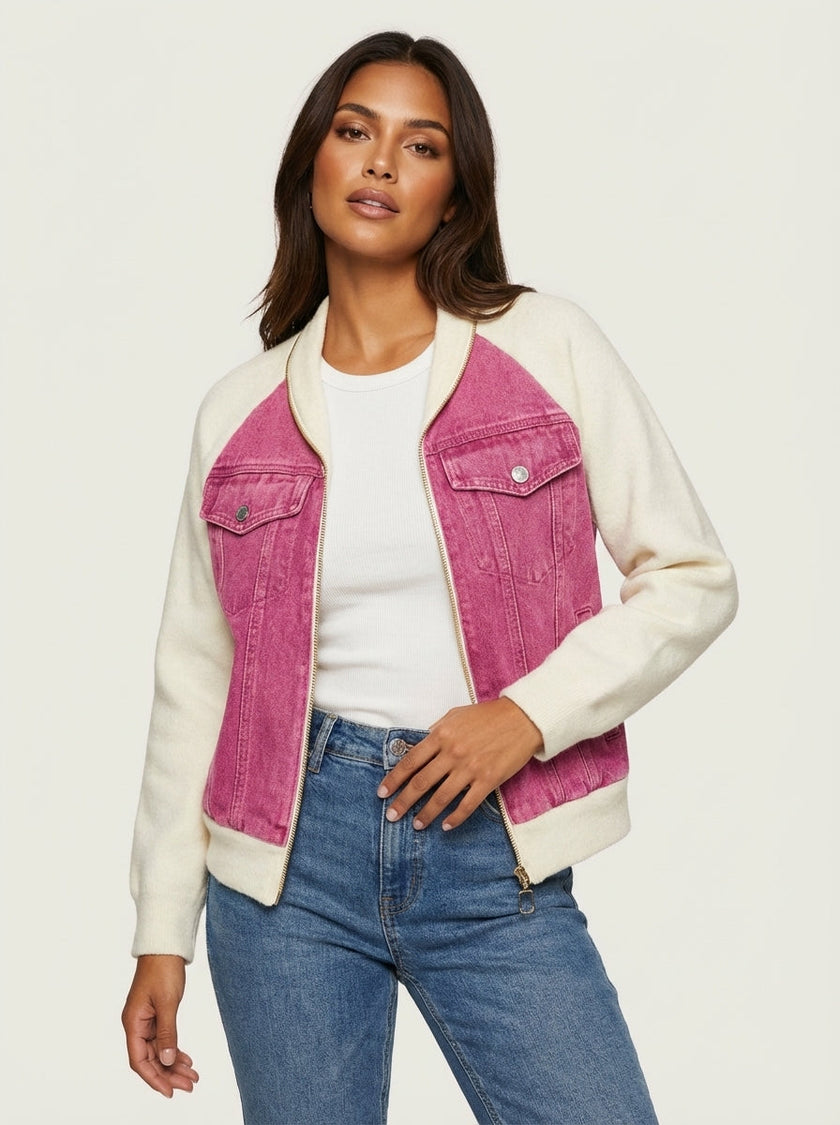 Denim Bomber Jacket Women Soft Knit Sleeves Zip Front