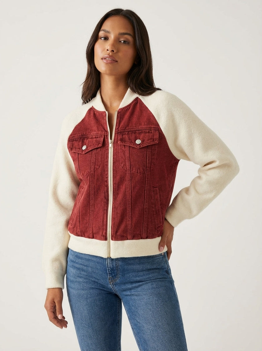 Denim Bomber Jacket Women Soft Knit Sleeves Zip Front