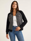 Denim Bomber Jacket Women Soft Knit Sleeves Zip Front