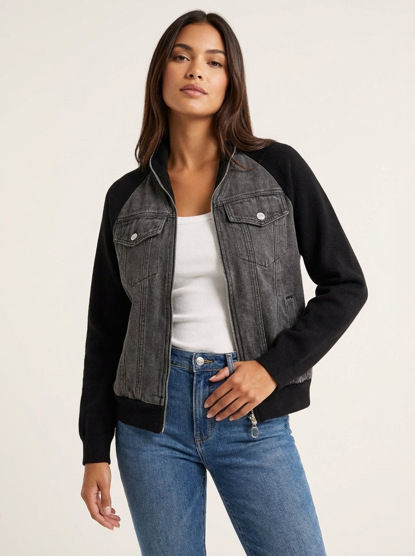 Denim Bomber Jacket Women Soft Knit Sleeves Zip Front