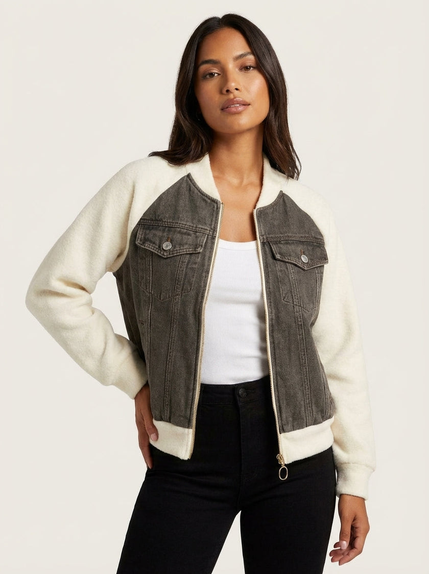 Denim Bomber Jacket Women Soft Knit Sleeves Zip Front