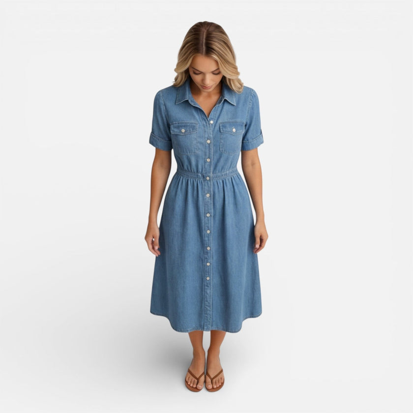 FJØRNA women's denim shirt dress in midi length with button front, casual and comfortable for everyday wear.